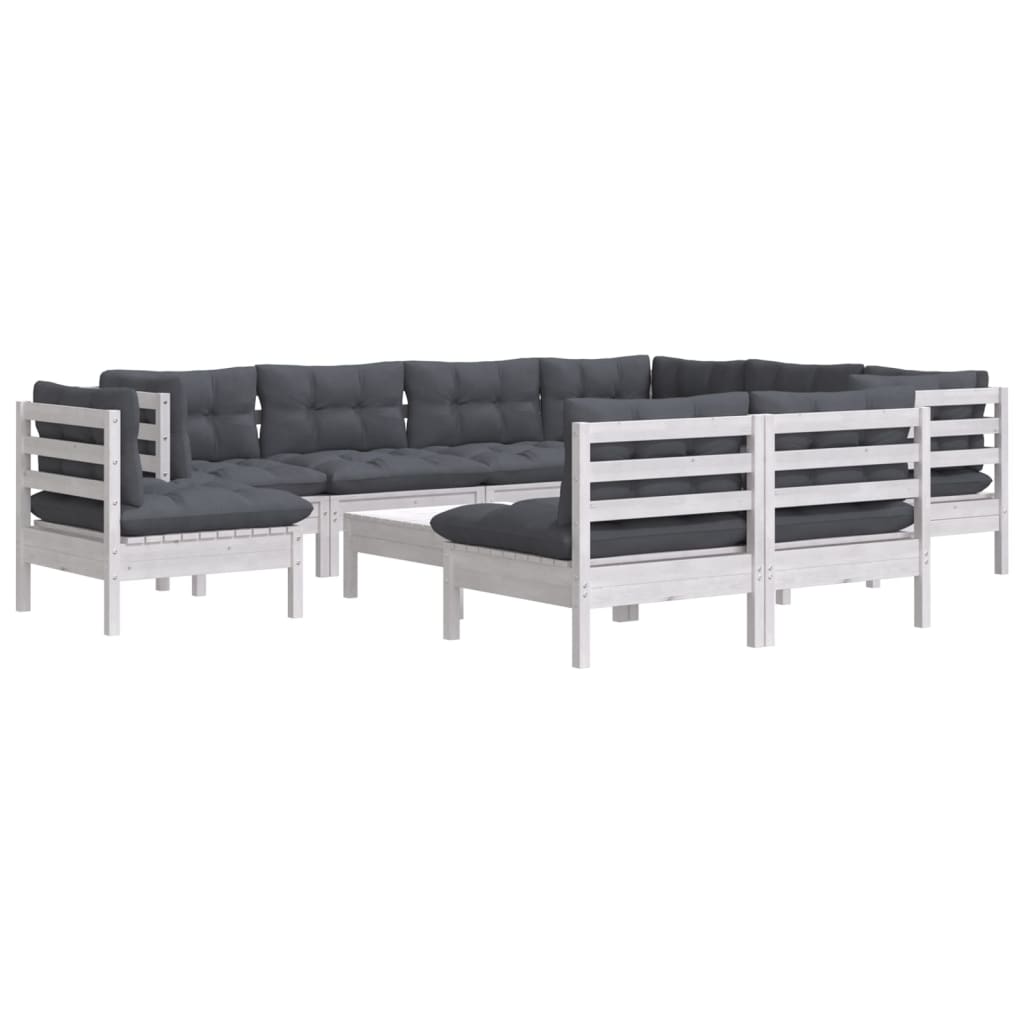 vidaXL Set mobilier grădină cu perne, 10 piese, alb, lemn masiv pin