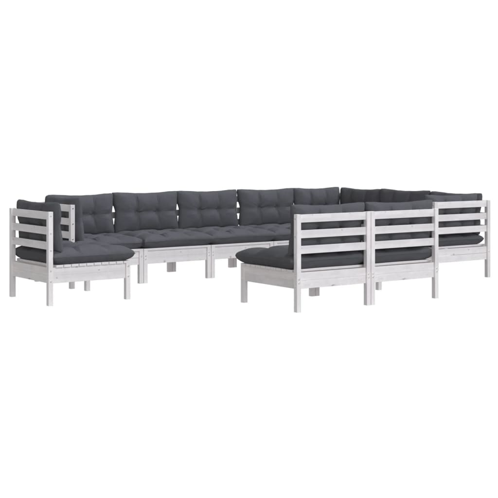 vidaXL Set mobilier grădină cu perne, 10 piese, alb, lemn masiv pin