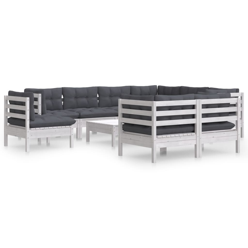 vidaXL Set mobilier grădină cu perne, 10 piese, alb, lemn masiv pin