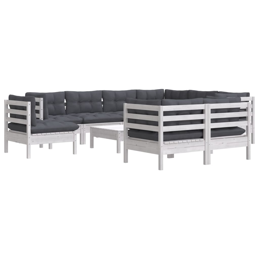 vidaXL Set mobilier grădină cu perne, 10 piese, alb, lemn masiv pin