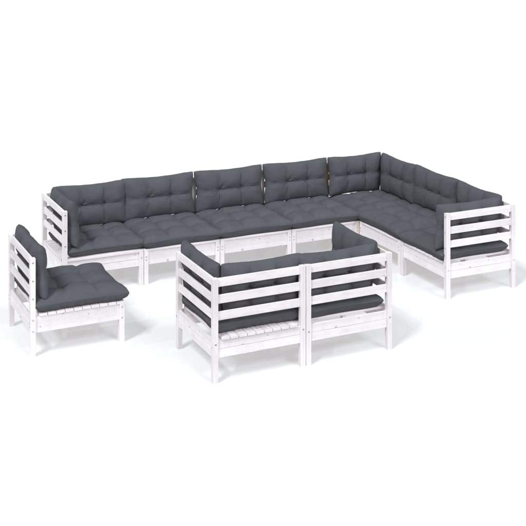 vidaXL Set mobilier grădină cu perne, 10 piese, alb, lemn masiv de pin