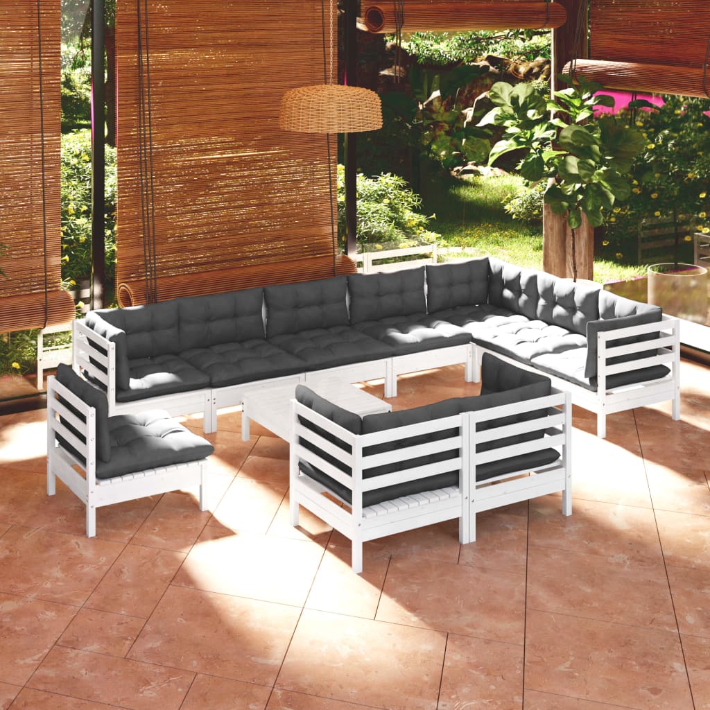 vidaXL Set mobilier grădină cu perne, 11 piese, alb, lemn masiv pin vidaXL Set mobilier grădină cu perne, 11 piese, alb, lemn masiv pin