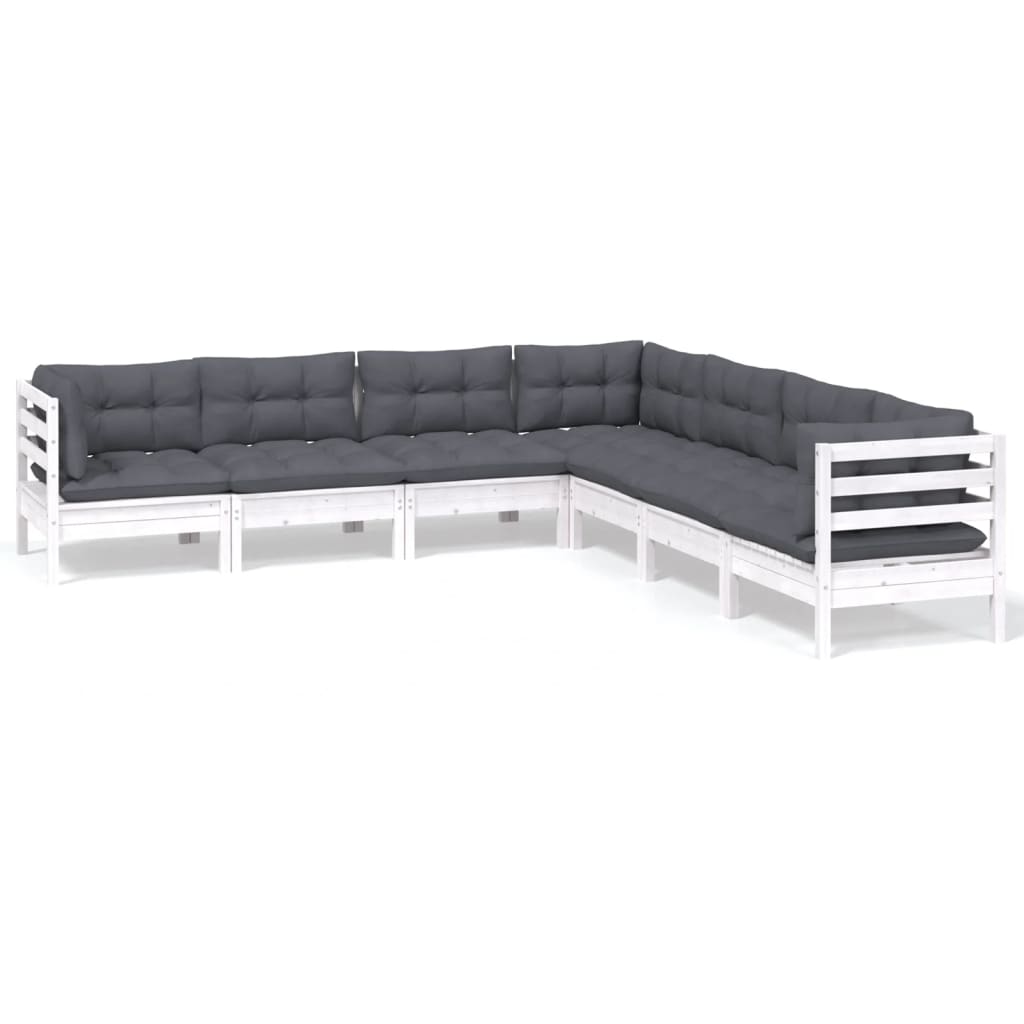 vidaXL Set mobilier grădină cu perne, 7 piese, alb, lemn masiv de pin