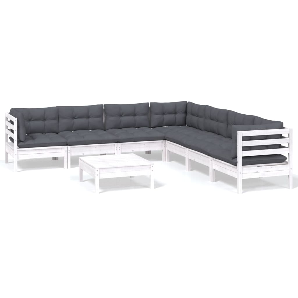 vidaXL Set mobilier de grădină cu perne, 8 piese, alb, lemn masiv pin