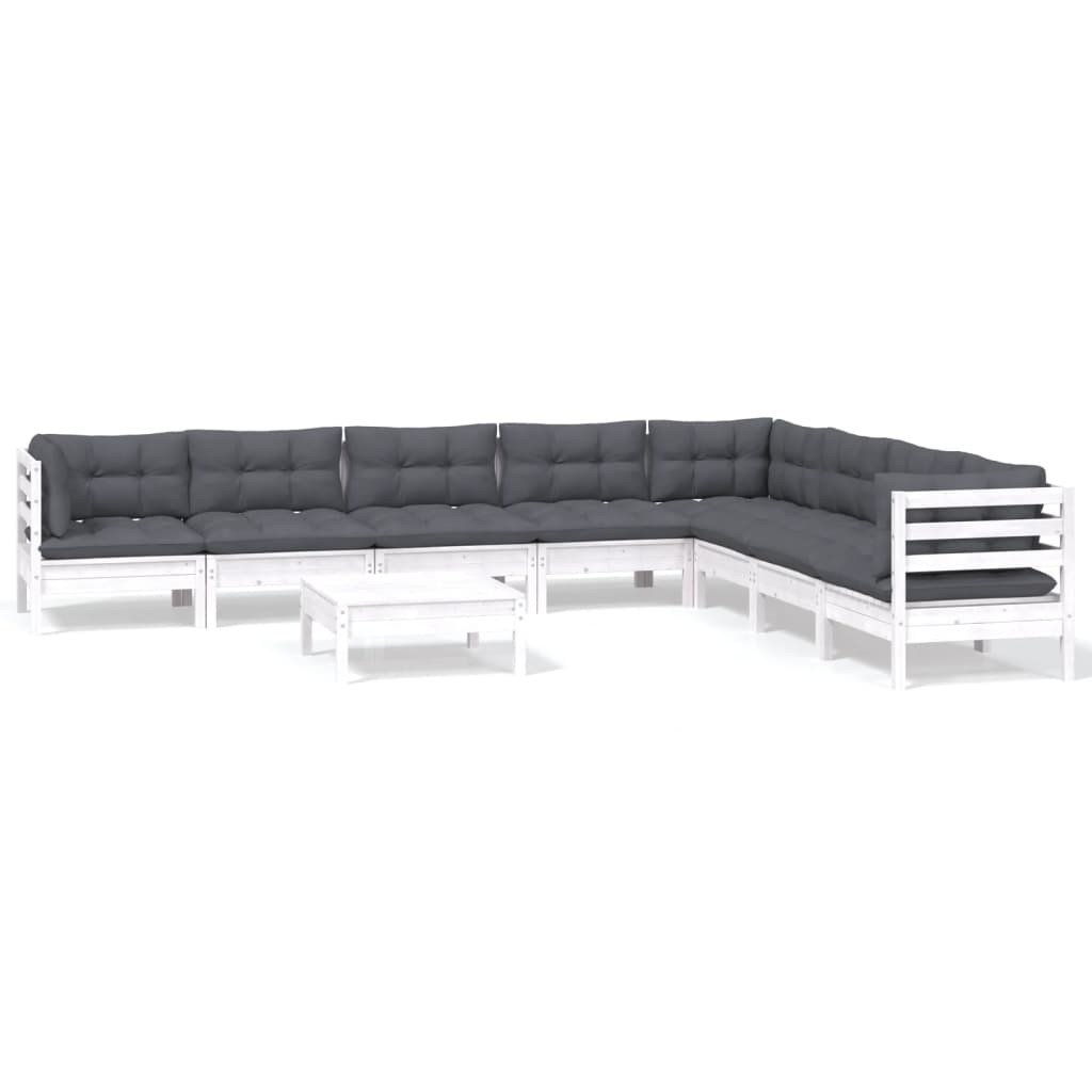 vidaXL Set mobilier grădină cu perne, 9 piese, alb, lemn masiv pin