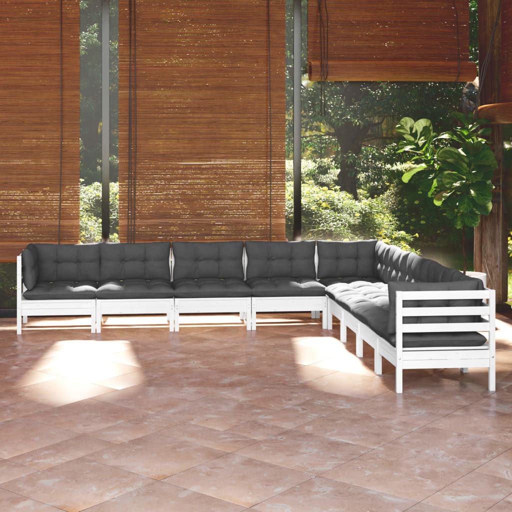 vidaXL Set mobilier de grădină cu perne, 9 piese, alb, lemn masiv pin vidaXL Set mobilier de grădină cu perne, 9 piese, alb, lemn masiv pin