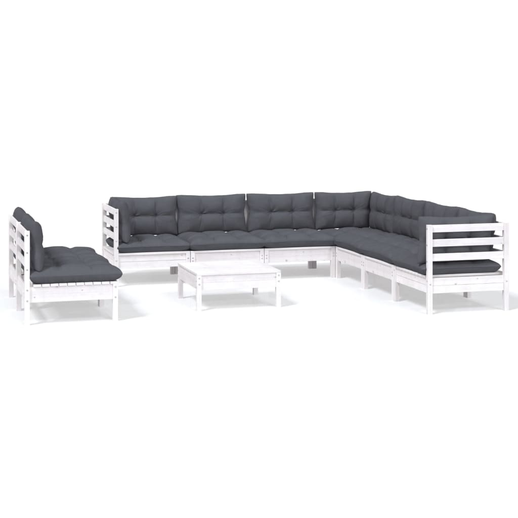 vidaXL Set mobilier grădină cu perne, 10 piese, alb, lemn masiv pin
