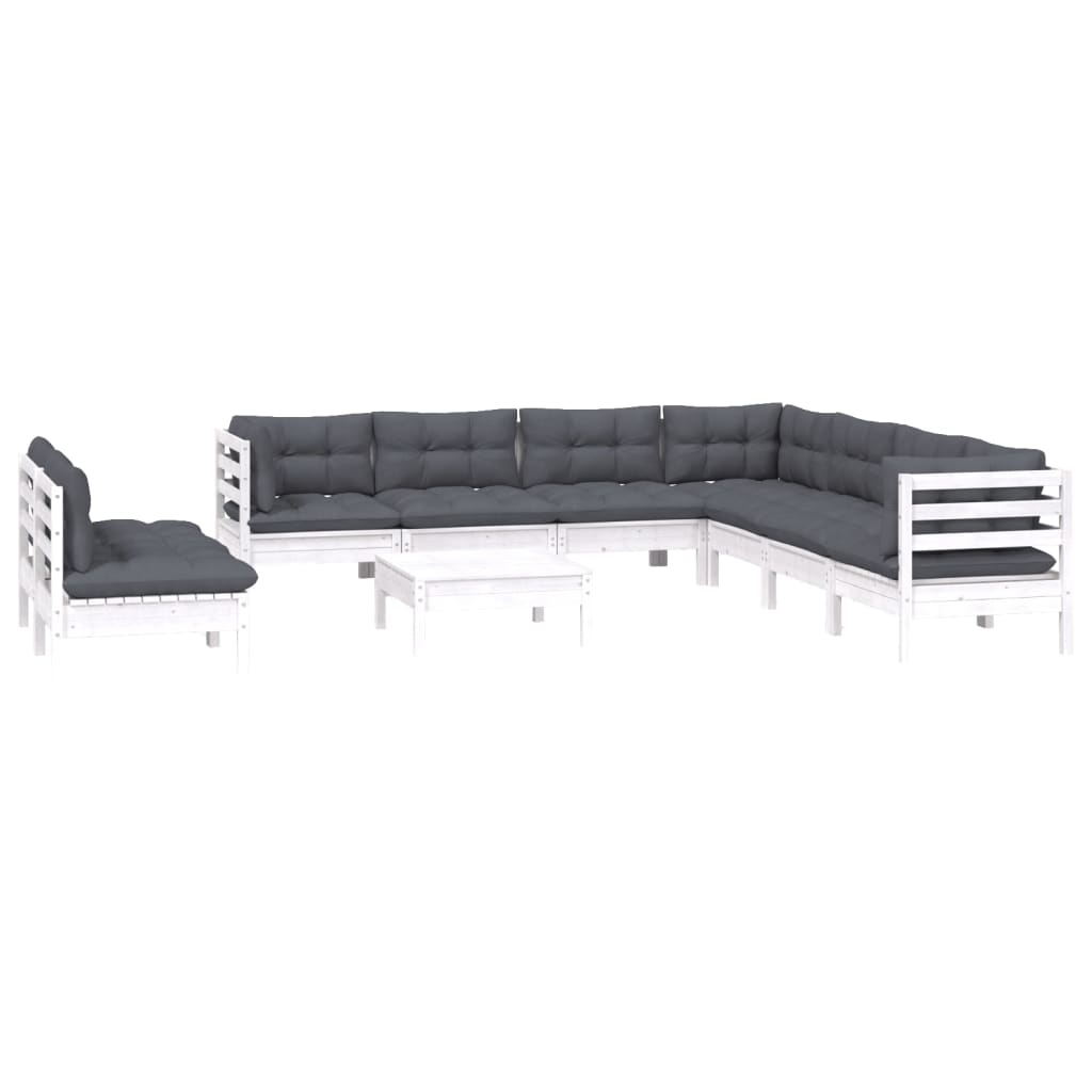 vidaXL Set mobilier grădină cu perne, 10 piese, alb, lemn masiv pin