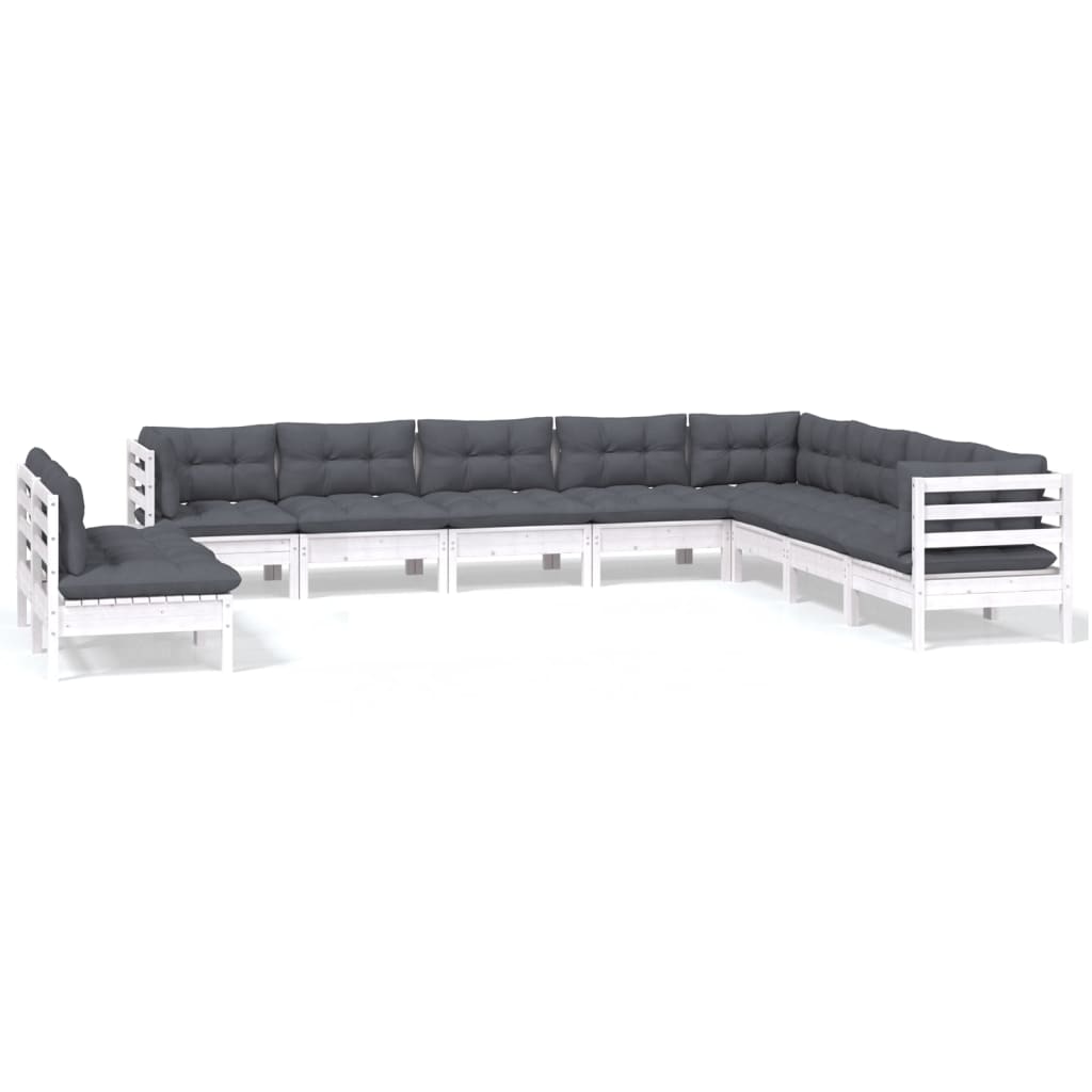 vidaXL Set mobilier grădină cu perne, 10 piese, alb, lemn masiv pin