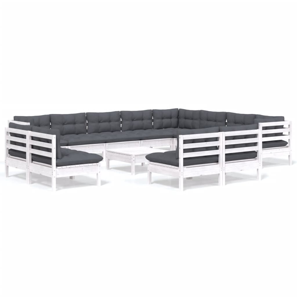 vidaXL Set mobilier grădină cu perne, 13 piese, alb, lemn masiv pin