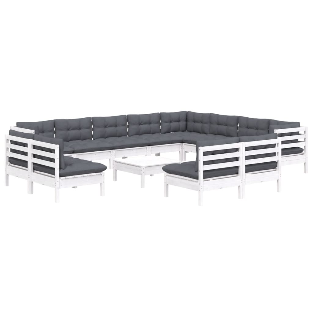 vidaXL Set mobilier grădină cu perne, 13 piese, alb, lemn masiv pin