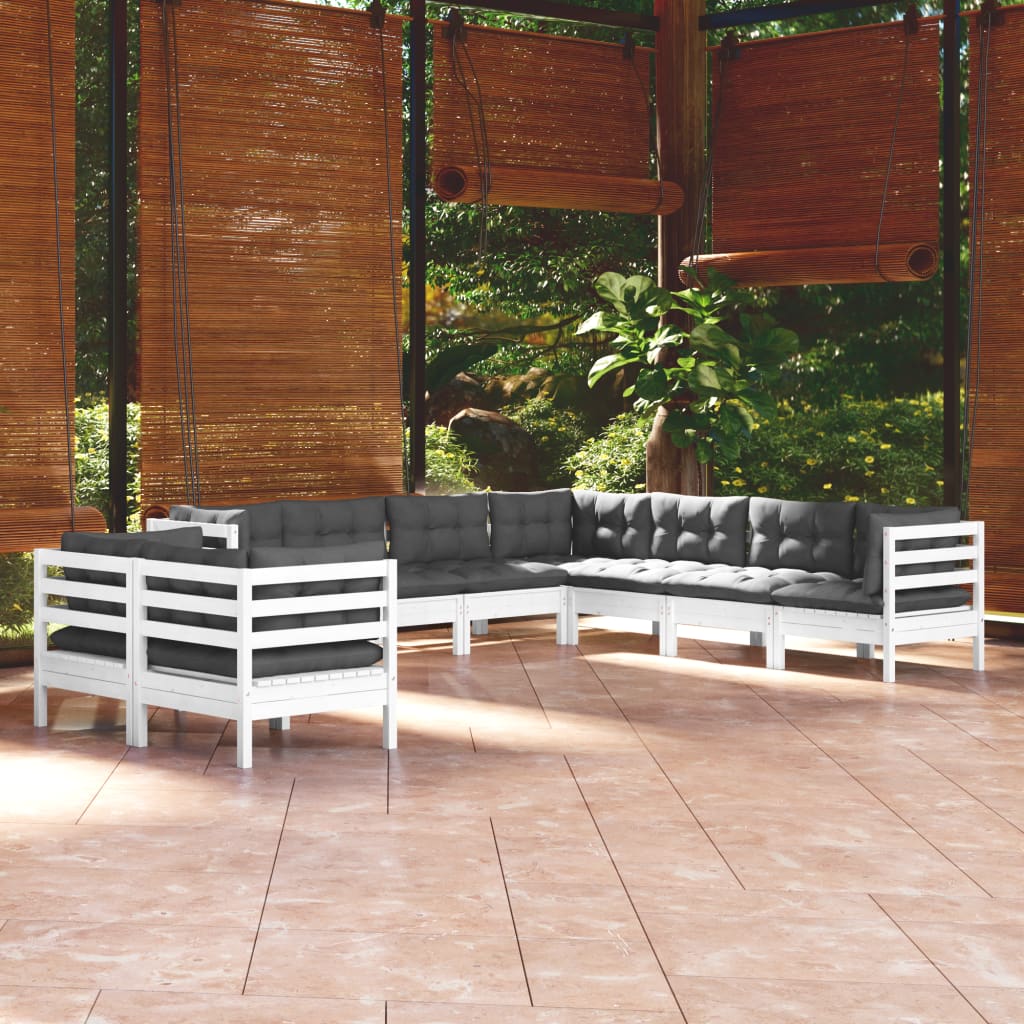 vidaXL Set mobilier de grădină cu perne, 9 piese, alb, lemn masiv pin vidaXL Set mobilier de grădină cu perne, 9 piese, alb, lemn masiv pin