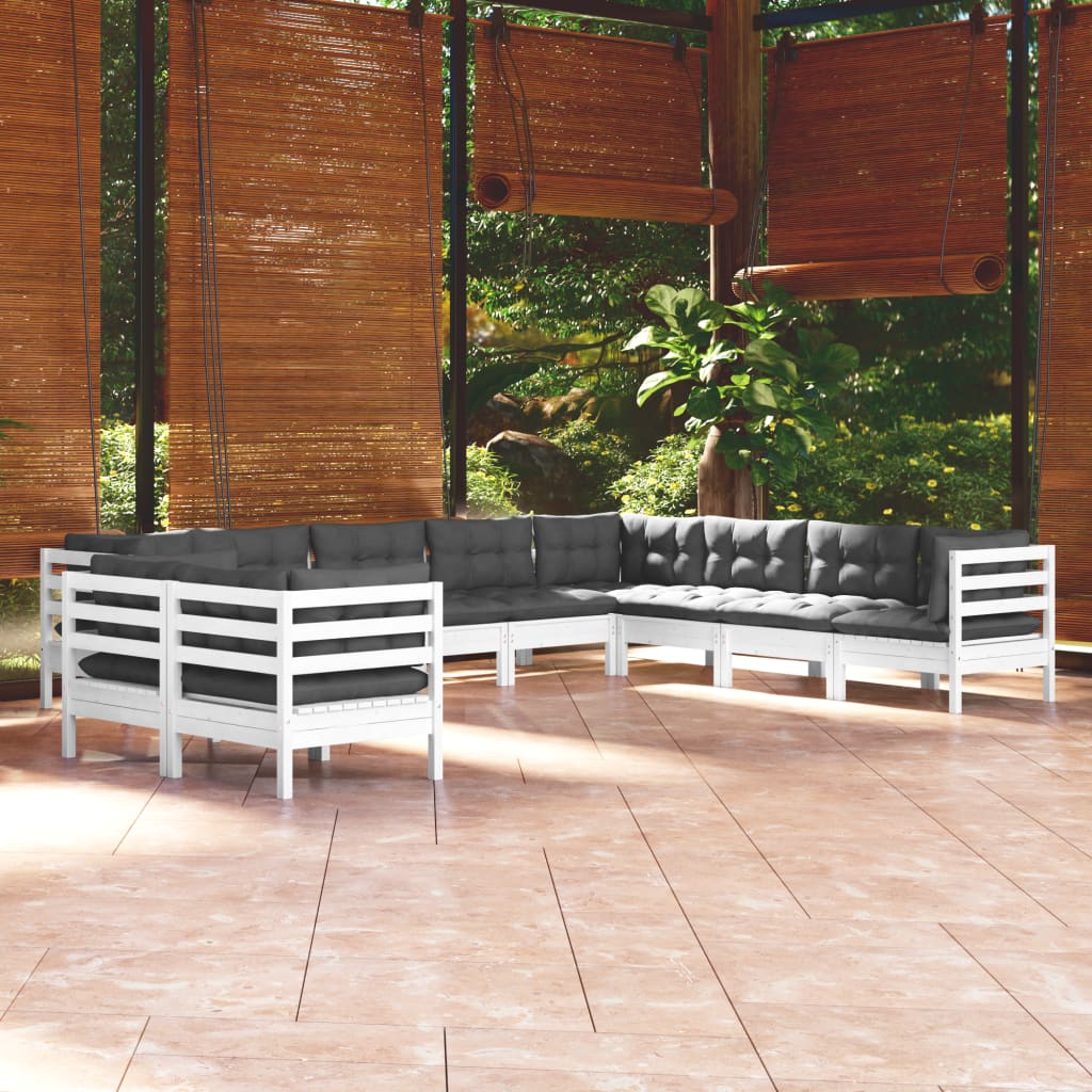 vidaXL Set mobilier grădină cu perne, 10 piese, alb, lemn masiv de pin vidaXL Set mobilier grădină cu perne, 10 piese, alb, lemn masiv de pin