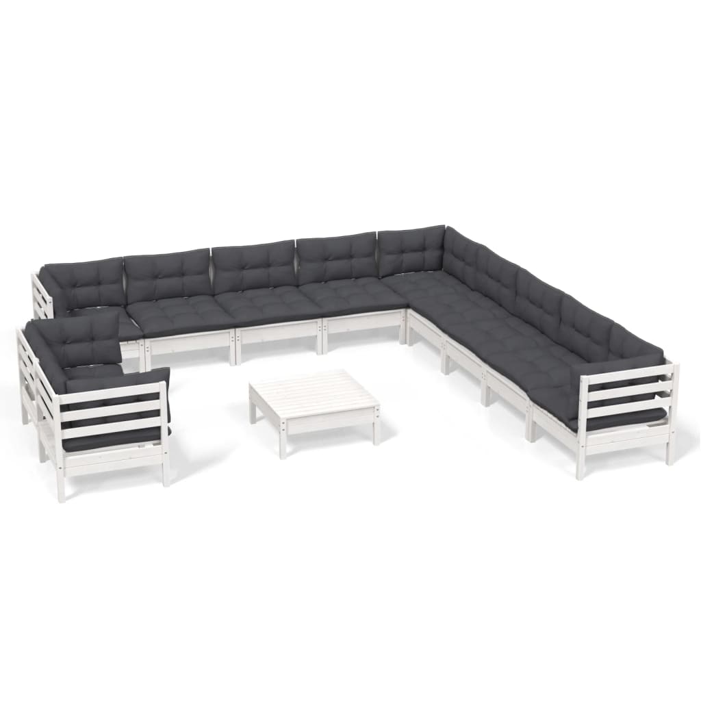 vidaXL Set mobilier grădină cu perne, 12 piese, alb, lemn masiv pin