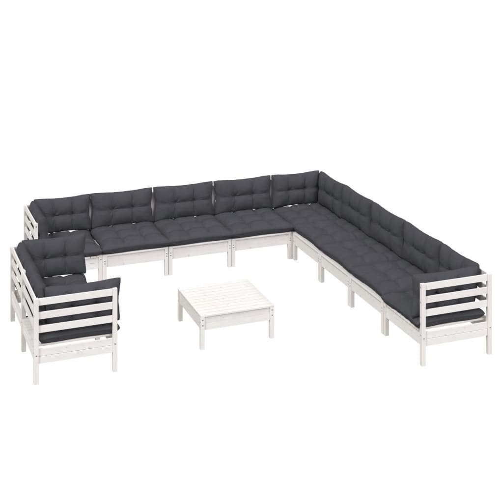 vidaXL Set mobilier grădină cu perne, 12 piese, alb, lemn masiv pin