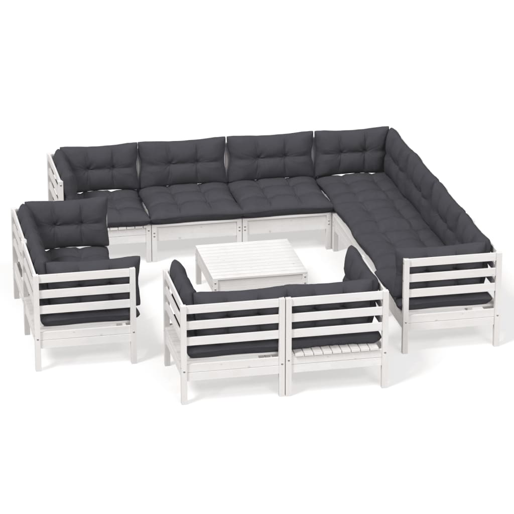 vidaXL Set mobilier grădină cu perne, 12 piese, alb, lemn masiv pin