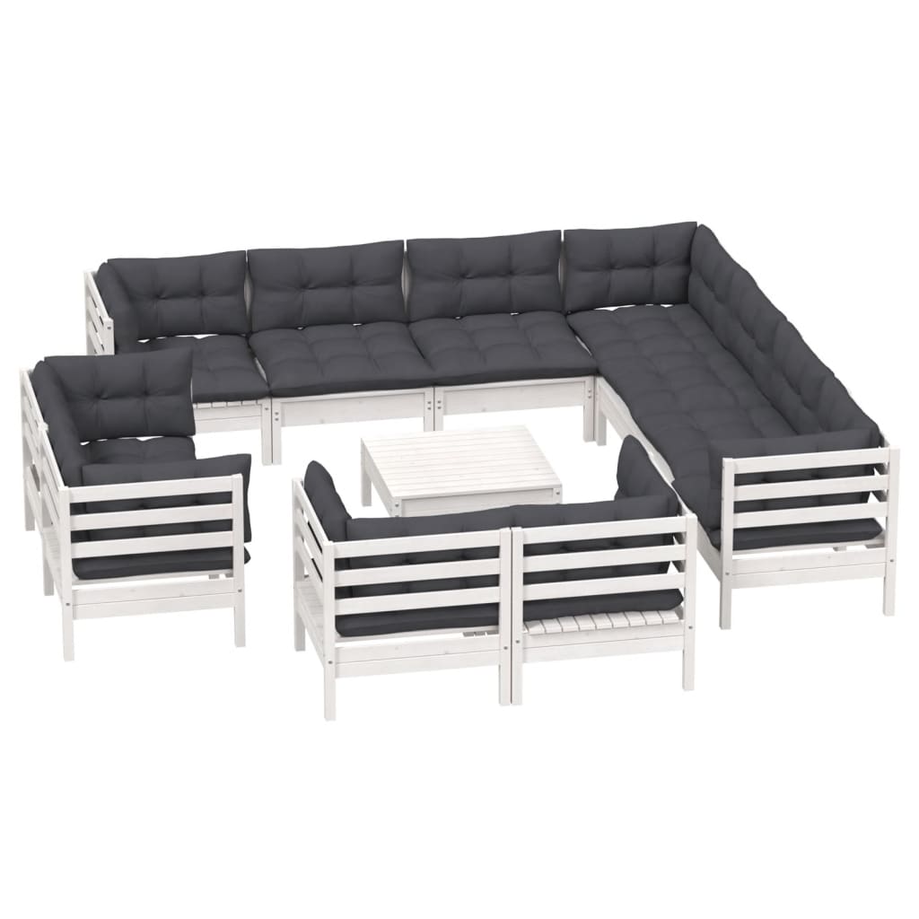 vidaXL Set mobilier grădină cu perne, 12 piese, alb, lemn masiv pin