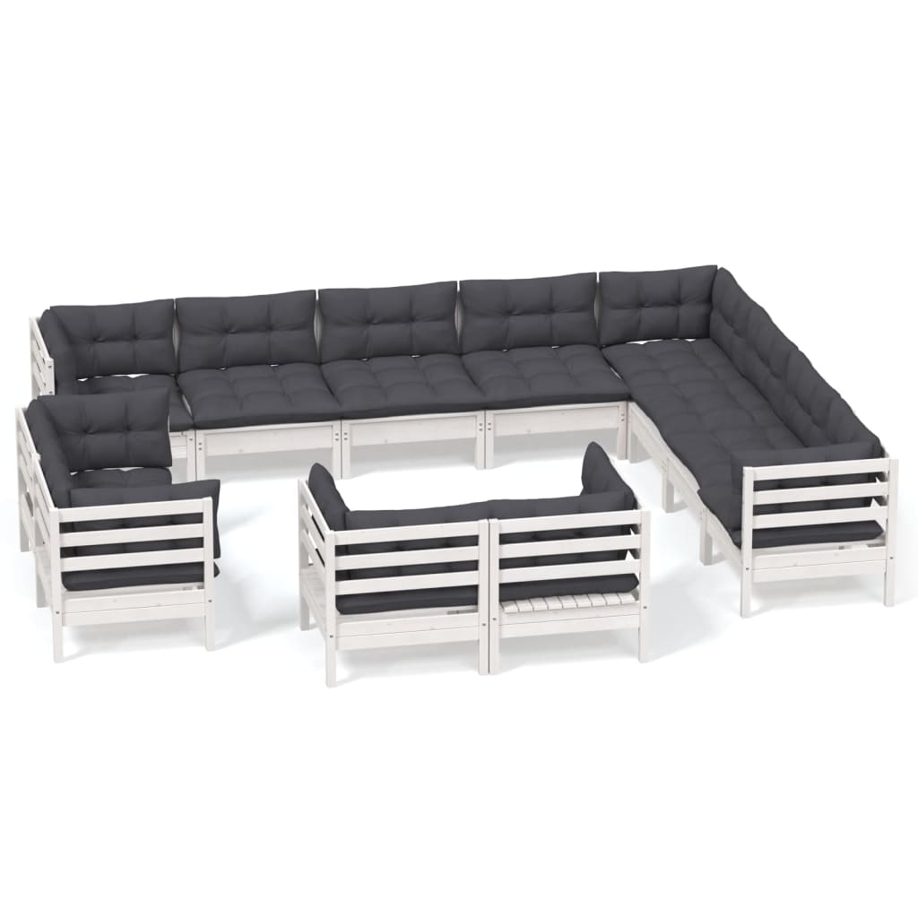 vidaXL Set mobilier grădină cu perne, 12 piese, alb, lemn masiv pin