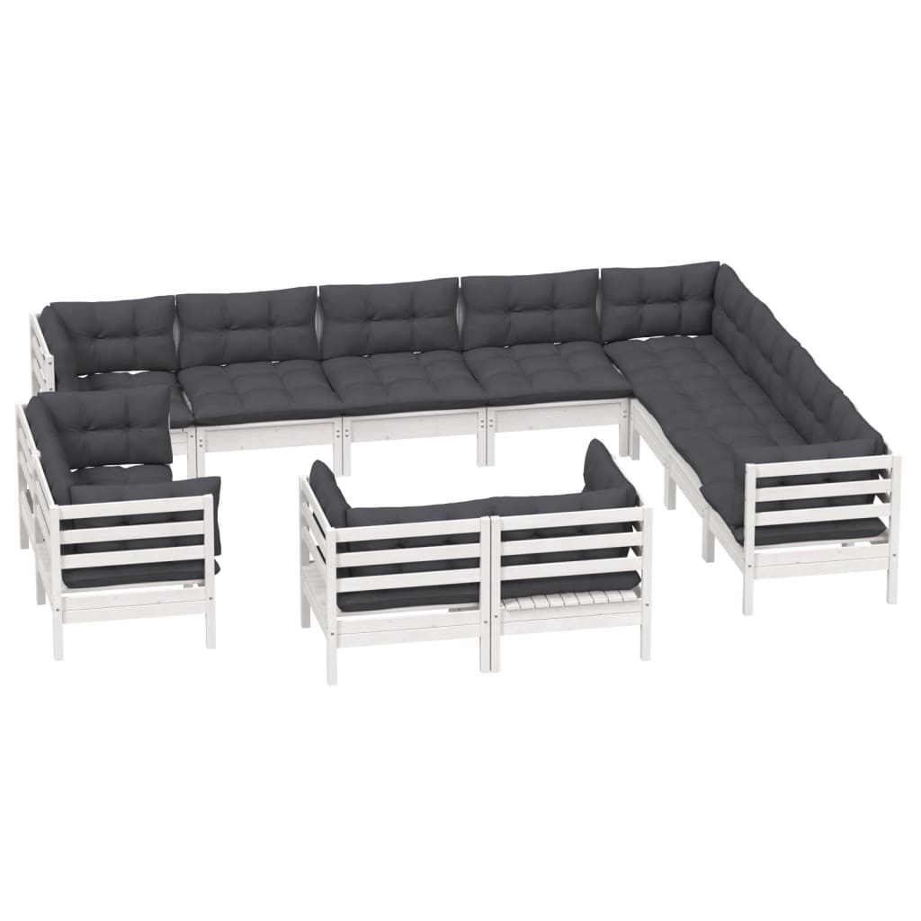 vidaXL Set mobilier grădină cu perne, 12 piese, alb, lemn masiv pin