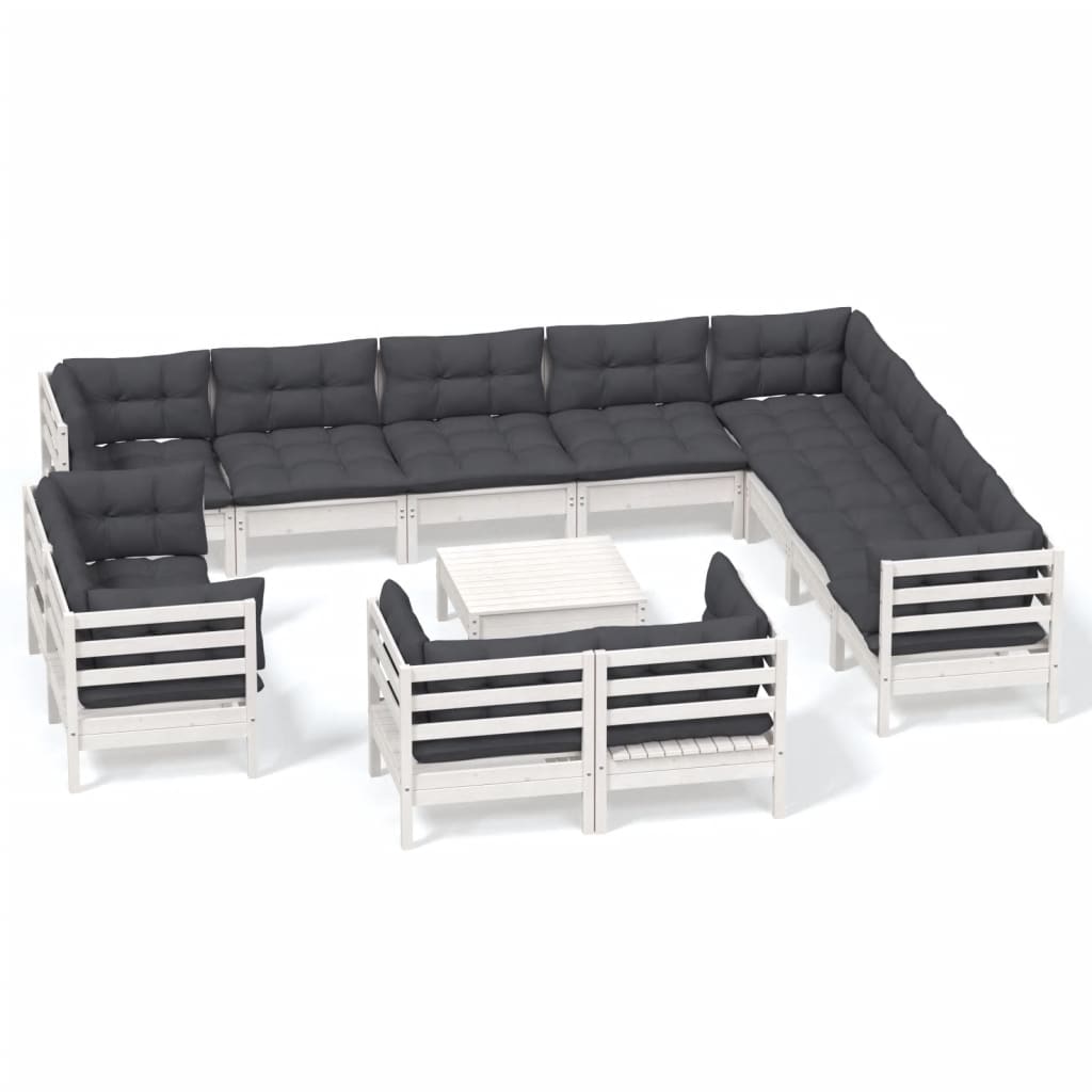 vidaXL Set mobilier grădină cu perne, 13 piese, alb, lemn masiv pin