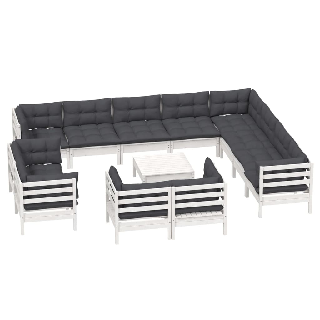 vidaXL Set mobilier grădină cu perne, 13 piese, alb, lemn masiv pin