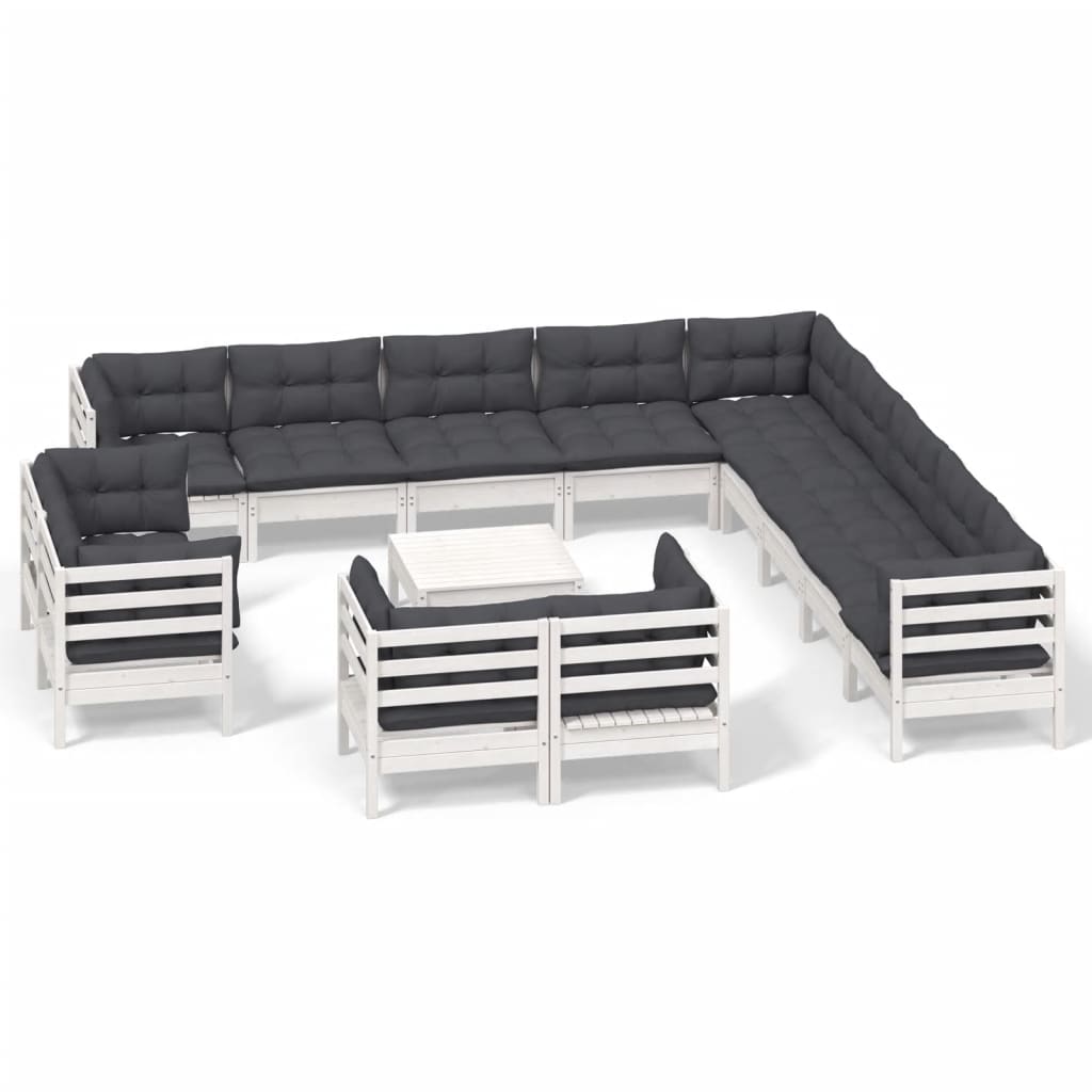 vidaXL Set mobilier grădină cu perne, 14 piese, alb, lemn masiv pin