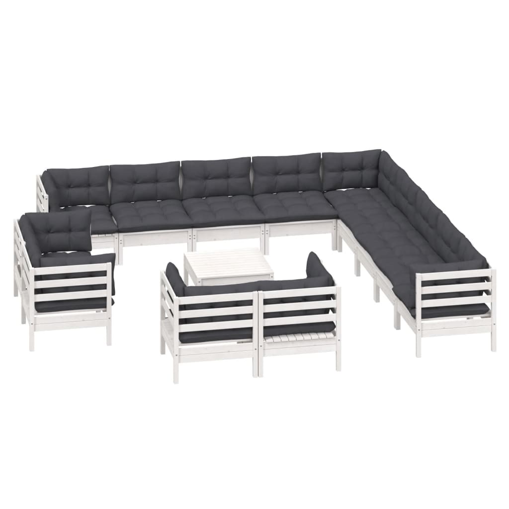 vidaXL Set mobilier grădină cu perne, 14 piese, alb, lemn masiv pin