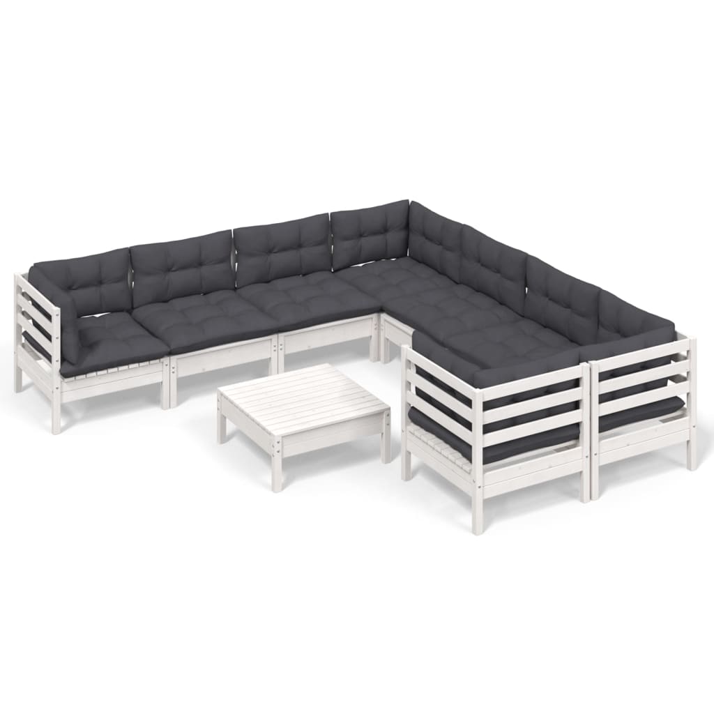 vidaXL Set mobilier de grădină cu perne, 9 piese, alb, lemn de pin vidaXL Set mobilier de grădină cu perne, 9 piese, alb, lemn de pin