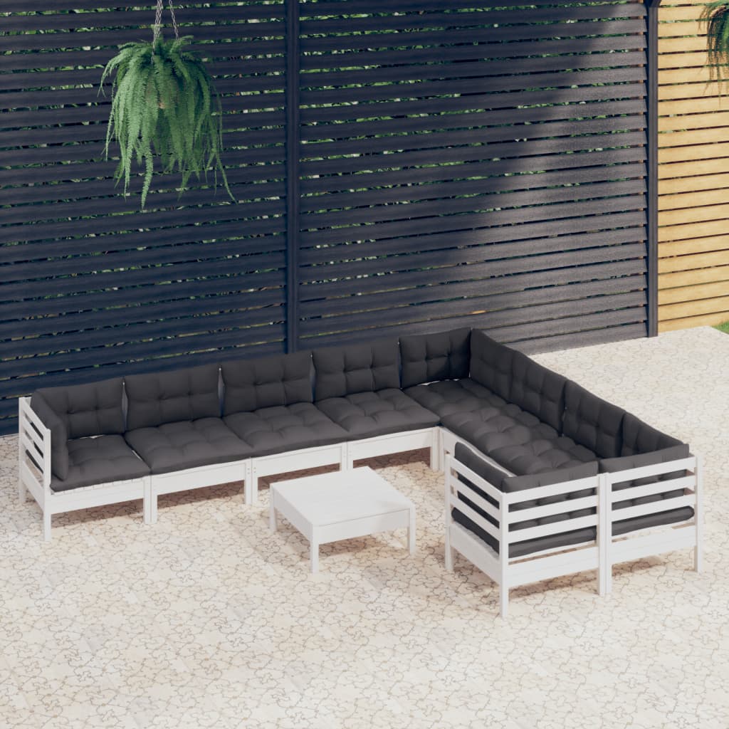 vidaXL Set mobilier grădină cu perne, 10 piese, alb, lemn de pin vidaXL Set mobilier grădină cu perne, 10 piese, alb, lemn de pin