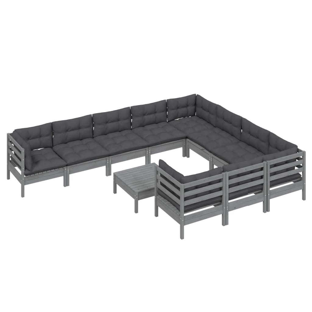 vidaXL Set mobilier grădină cu perne, 11 piese, gri, lemn de pin