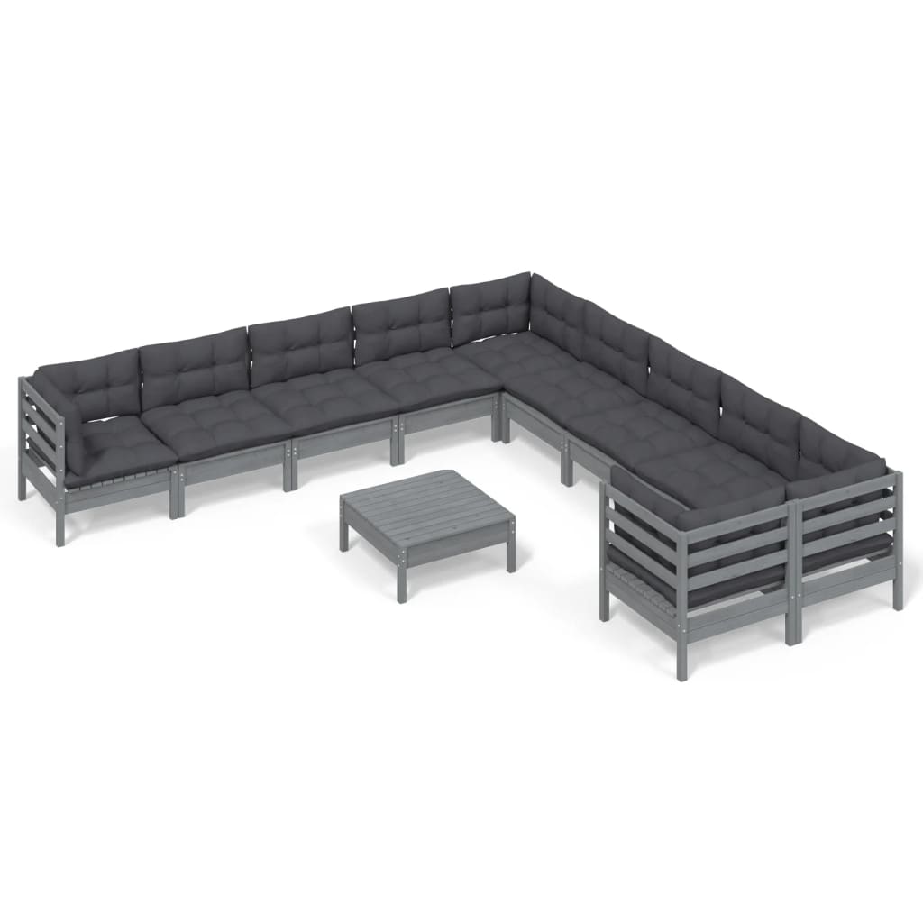 vidaXL Set mobilier grădină cu perne, 11 piese, gri, lemn de pin