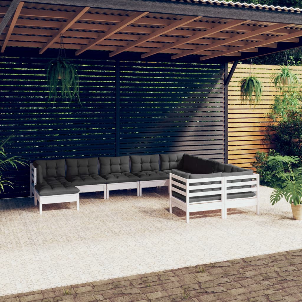 vidaXL Set mobilier grădină cu perne, 10 piese, alb, lemn de pin vidaXL Set mobilier grădină cu perne, 10 piese, alb, lemn de pin