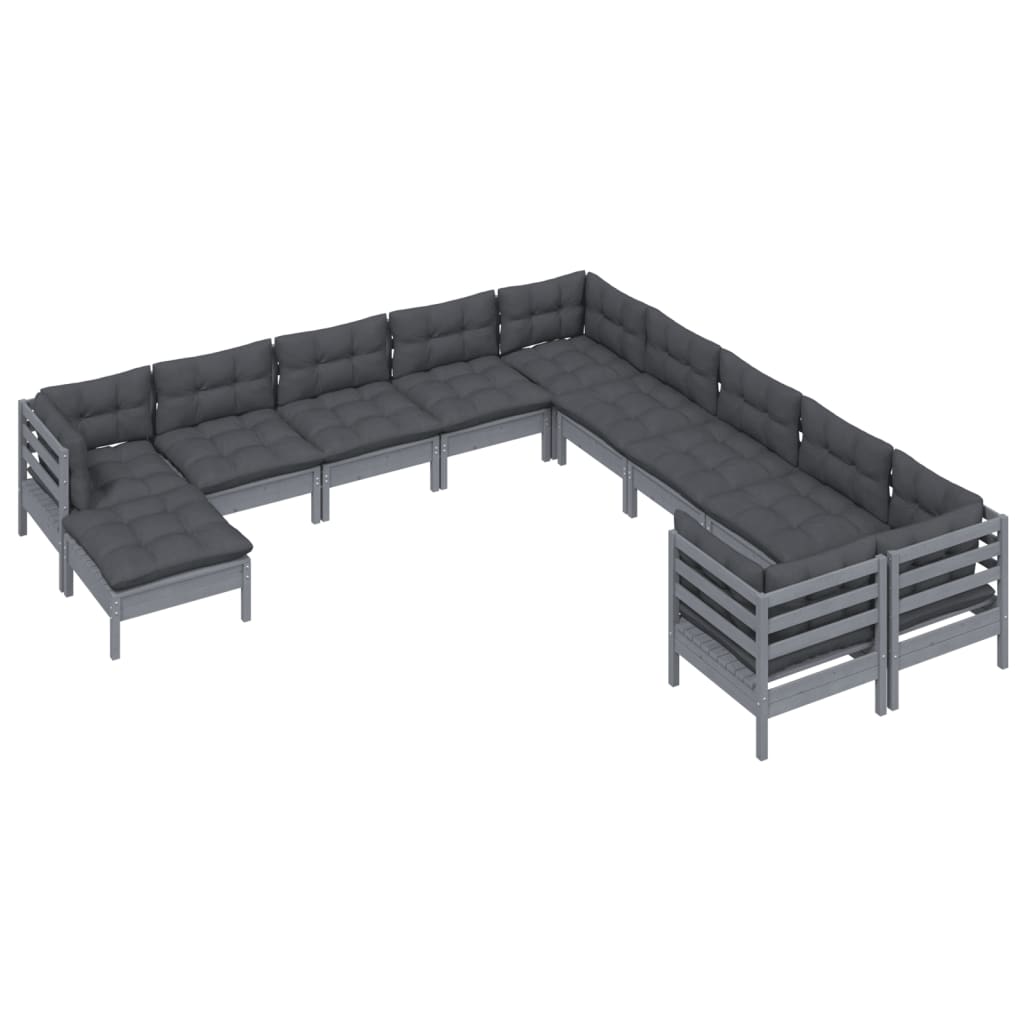vidaXL Set mobilier grădină cu perne, 11 piese, gri, lemn de pin