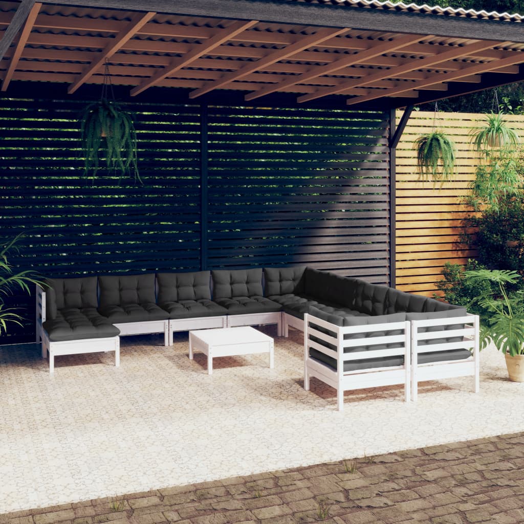 vidaXL Set mobilier grădină cu perne, 12 piese, alb, lemn de pin vidaXL Set mobilier grădină cu perne, 12 piese, alb, lemn de pin
