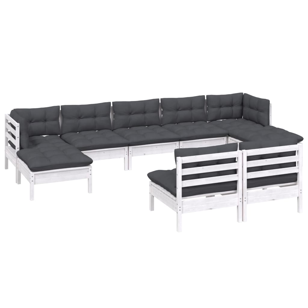 vidaXL Set mobilier de grădină cu perne, 9 piese, alb, lemn de pin vidaXL Set mobilier de grădină cu perne, 9 piese, alb, lemn de pin