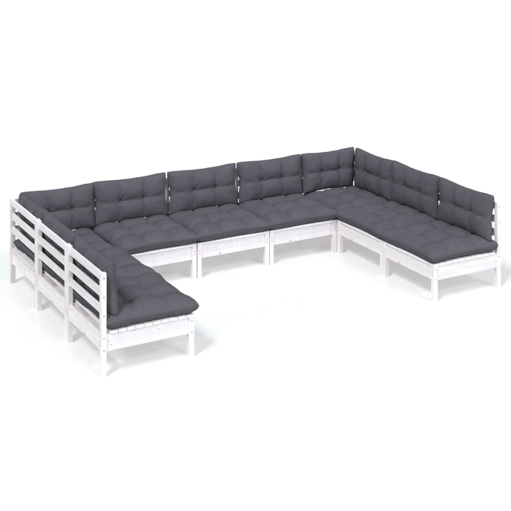 vidaXL Set mobilier grădină cu perne, 9 piese, alb, lemn masiv pin
