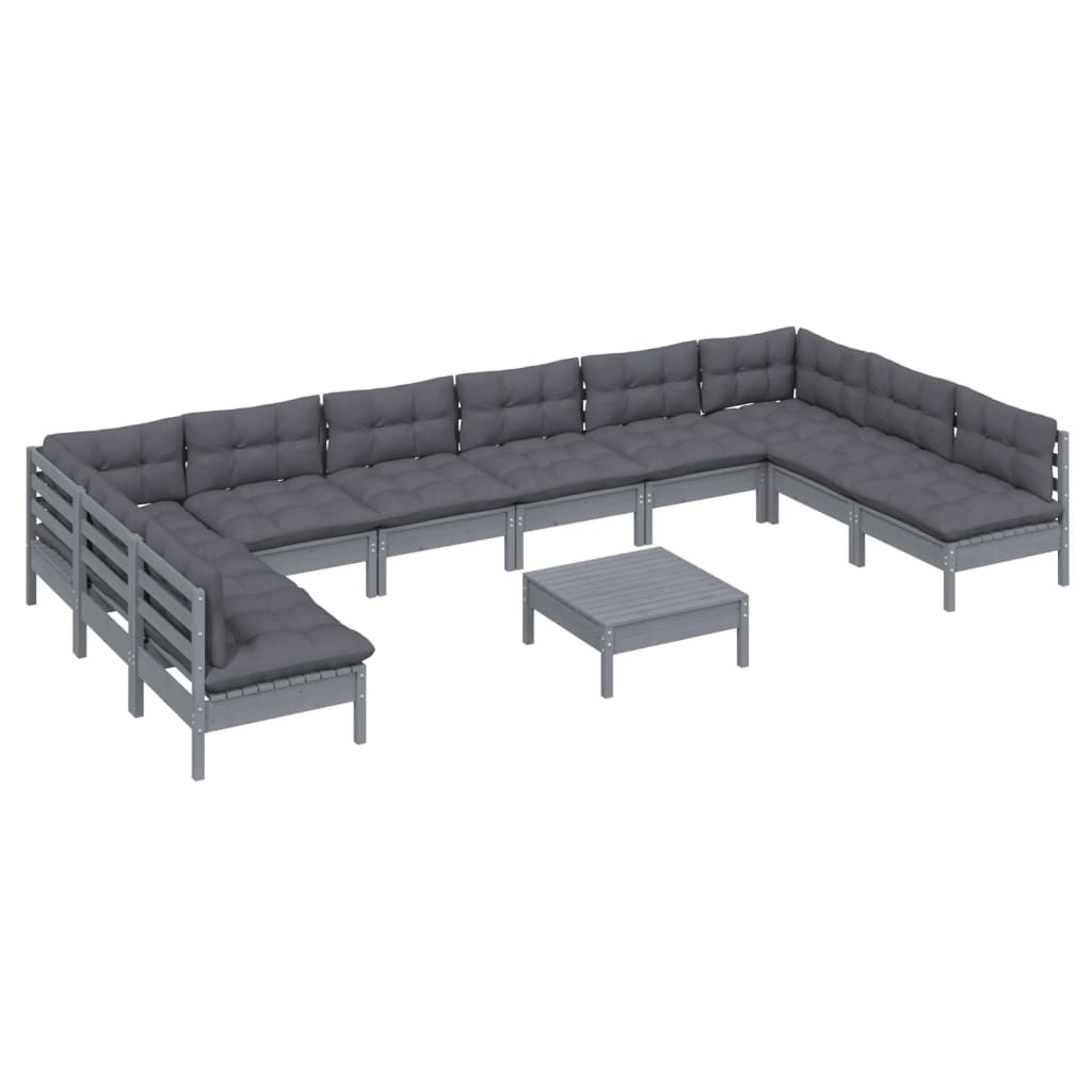 vidaXL Set mobilier grădină cu perne, 11 piese, gri, lemn masiv pin vidaXL Set mobilier grădină cu perne, 11 piese, gri, lemn masiv pin