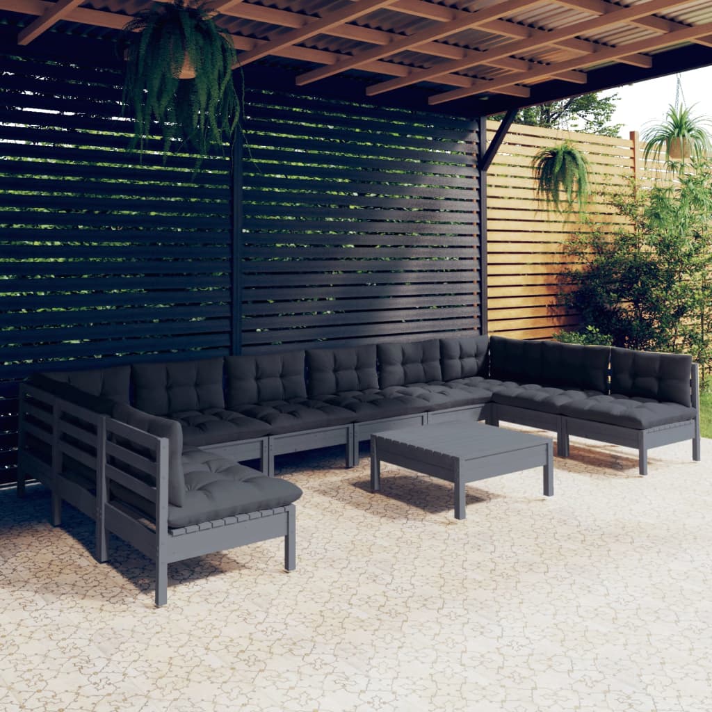 vidaXL Set mobilier grădină cu perne, 11 piese, gri, lemn masiv pin vidaXL Set mobilier grădină cu perne, 11 piese, gri, lemn masiv pin
