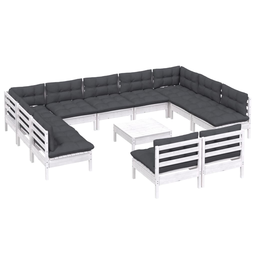 vidaXL Set mobilier grădină cu perne, 12 piese, alb, lemn masiv pin