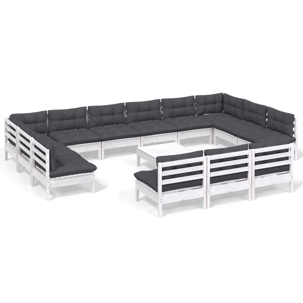 vidaXL Set mobilier grădină cu perne, 14 piese, alb, lemn masiv pin