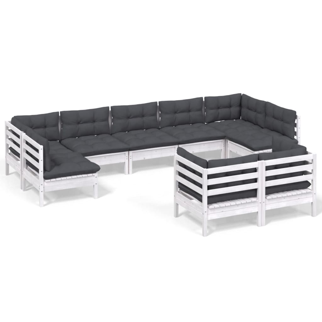 vidaXL Set mobilier de grădină cu perne, 9 piese, alb, lemn masiv pin vidaXL Set mobilier de grădină cu perne, 9 piese, alb, lemn masiv pin