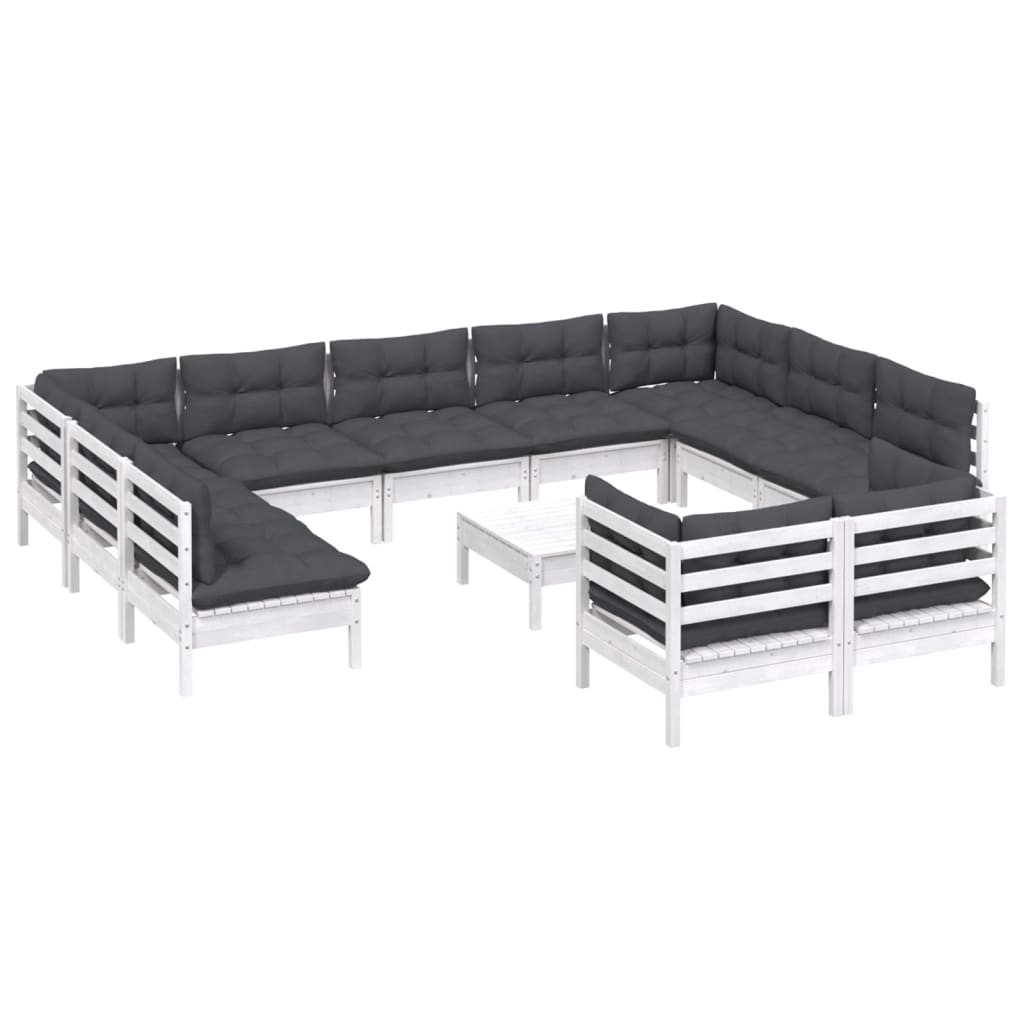 vidaXL Set mobilier grădină cu perne, 12 piese, alb, lemn masiv pin