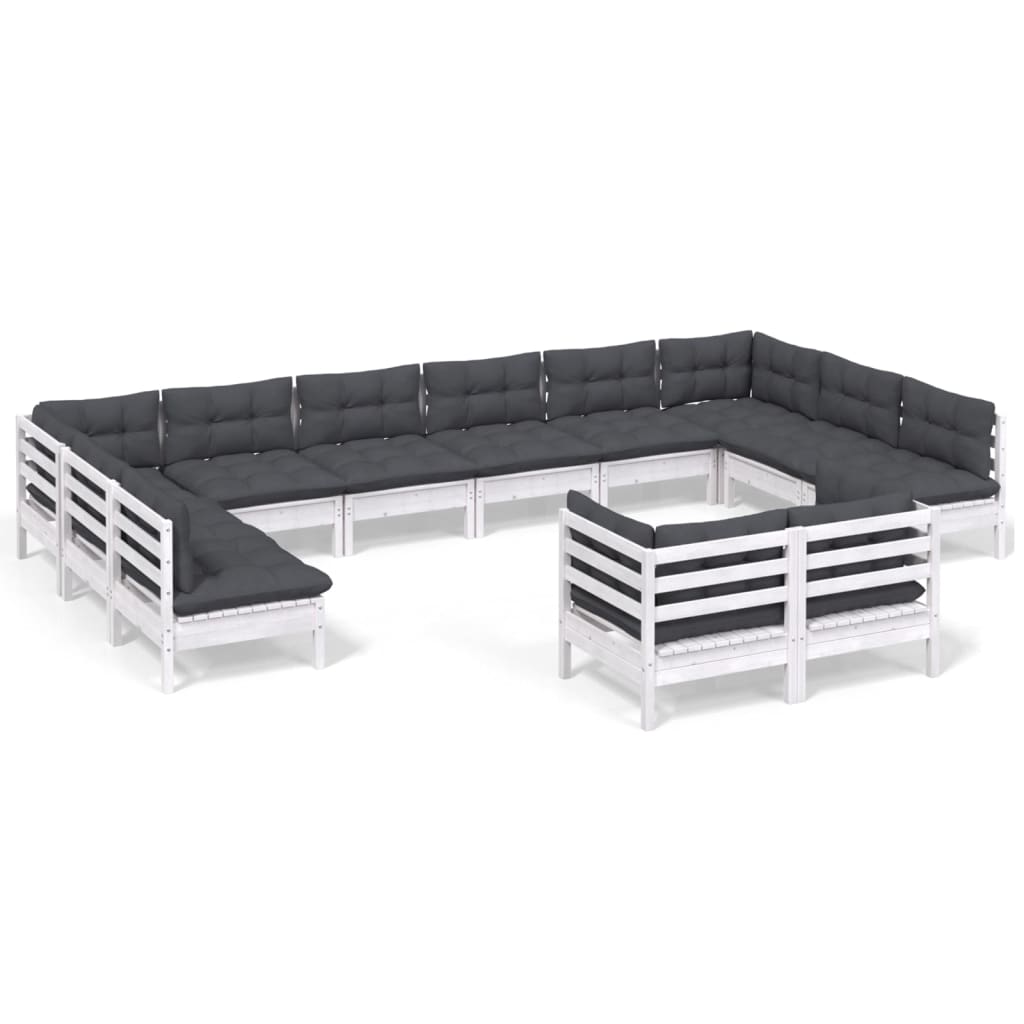 vidaXL Set mobilier grădină cu perne, 12 piese, alb, lemn masiv pin
