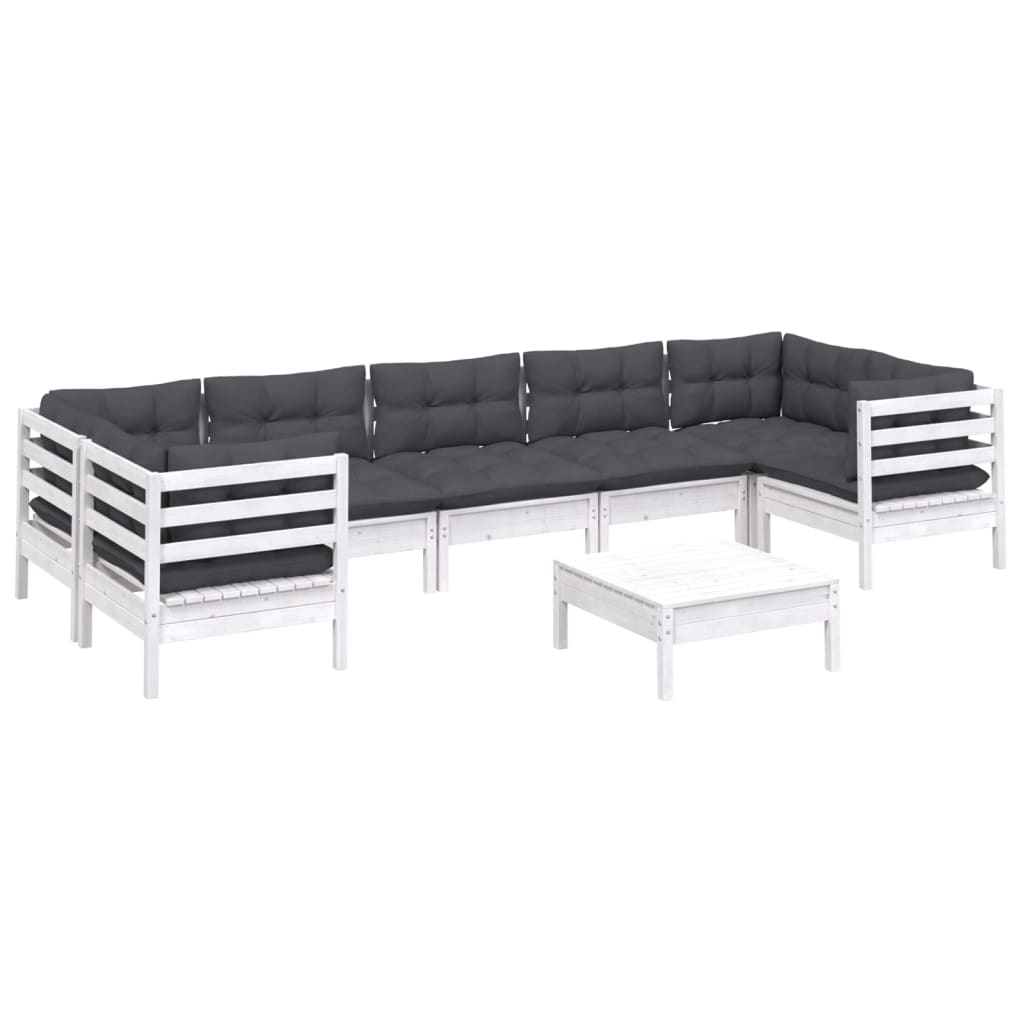 vidaXL Set mobilier de grădină cu perne, 8 piese, alb, lemn masiv pin