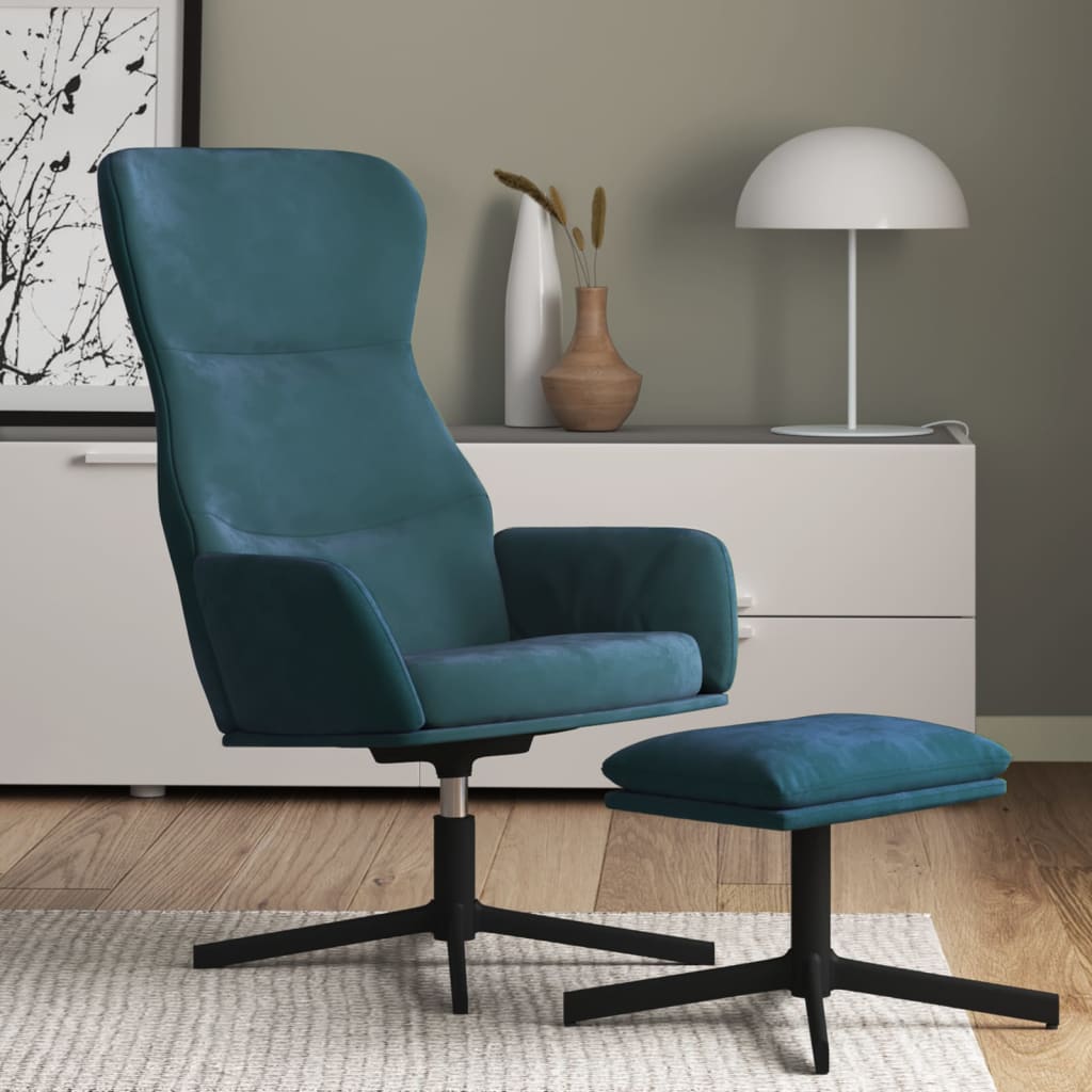 vidaXL Scaun de relaxare cu taburet, albastru, catifea vidaXL Scaun de relaxare cu taburet, albastru, catifea