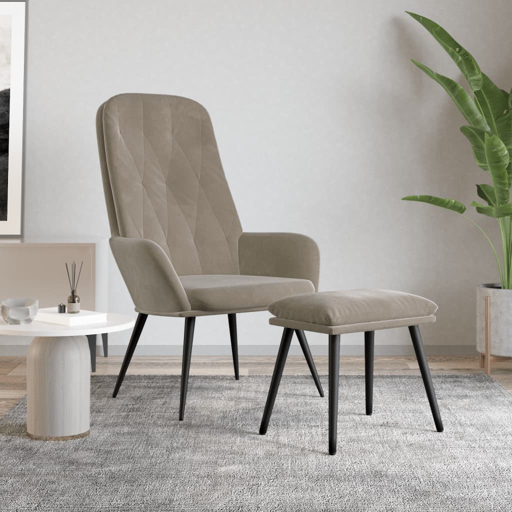 vidaXL Scaun de relaxare cu taburet, gri deschis, catifea vidaXL Scaun de relaxare cu taburet, gri deschis, catifea