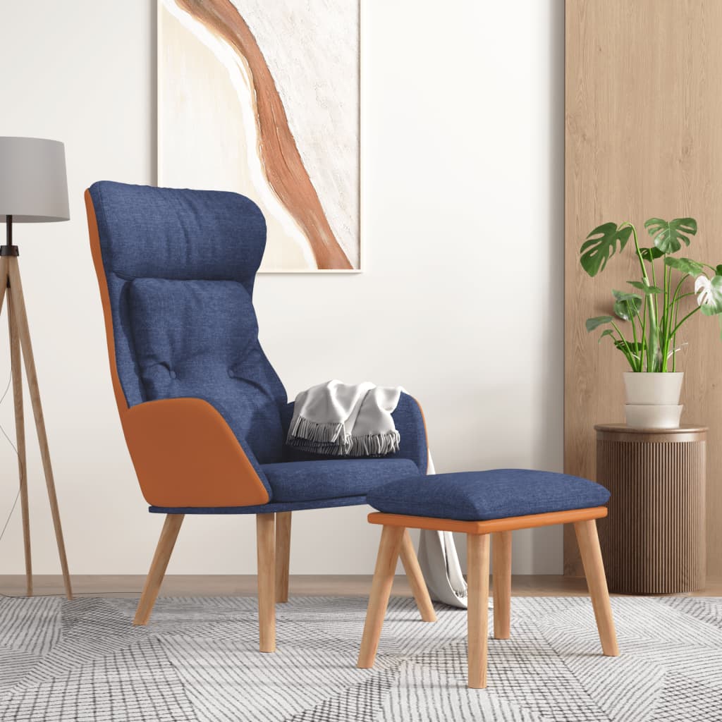 vidaXL Scaun de relaxare cu taburet, albastru, piele ecologică/textil vidaXL Scaun de relaxare cu taburet, albastru, piele ecologică/textil