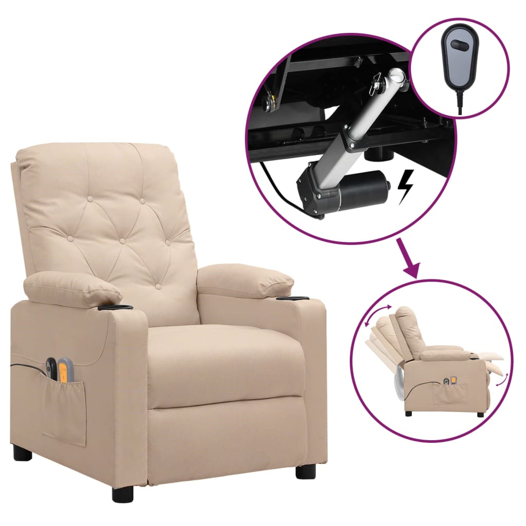vidaXL Fotoliu de masaj electric rabatabil, crem, textil vidaXL Fotoliu de masaj electric rabatabil, crem, textil