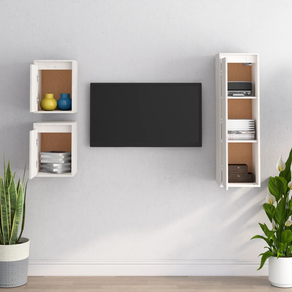 vidaXL Comode TV, 3 buc., alb, lemn masiv de pin