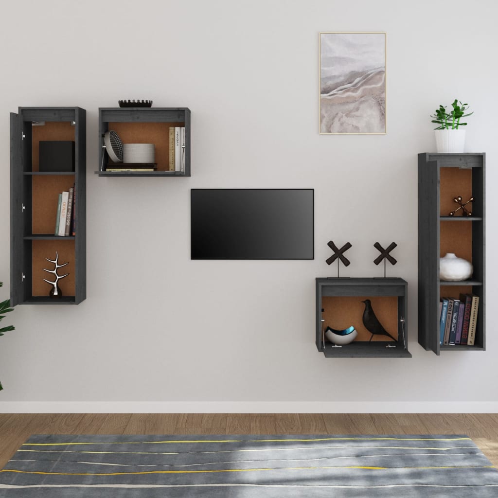 vidaXL Comode TV, gri, 4 buc., lemn masiv de pin